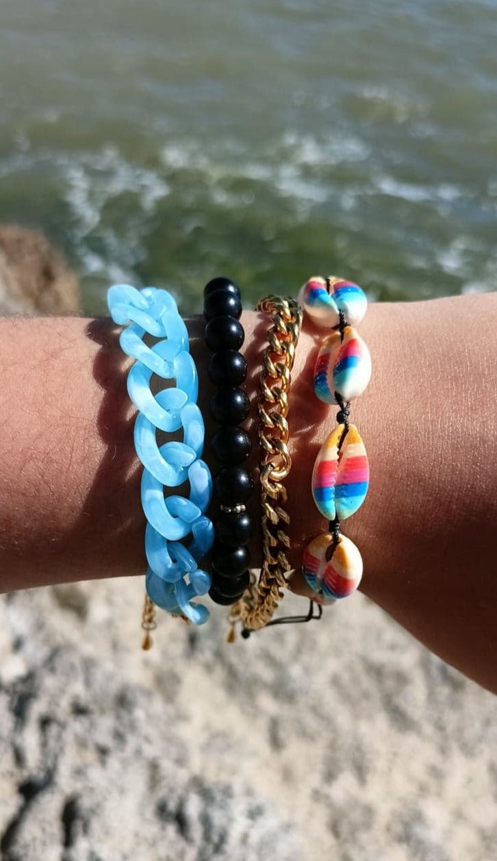 Bracelet chaîne, perle & coquillage arc en ciel en acrylique et acier inoxydable - Goldshell